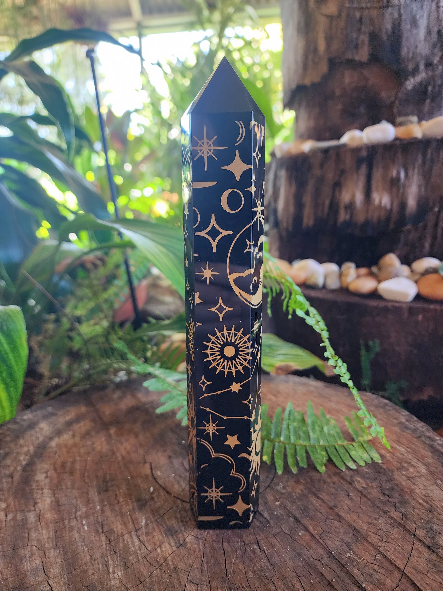 Large Black Obsidian Etched Celestrial Tower Point Engraved
