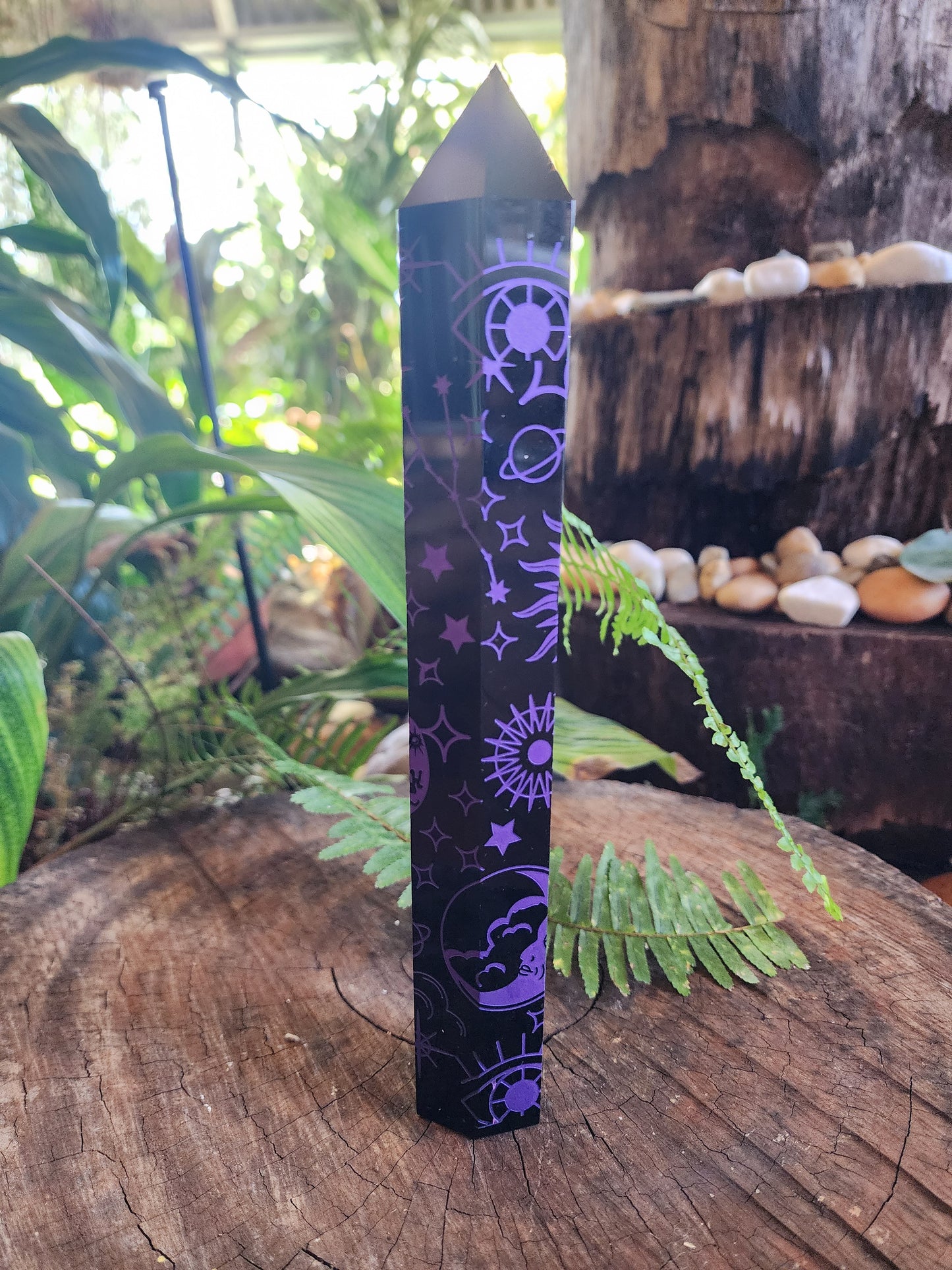 Large Black Obsidian Etched Celestrial Tower Point Engraved