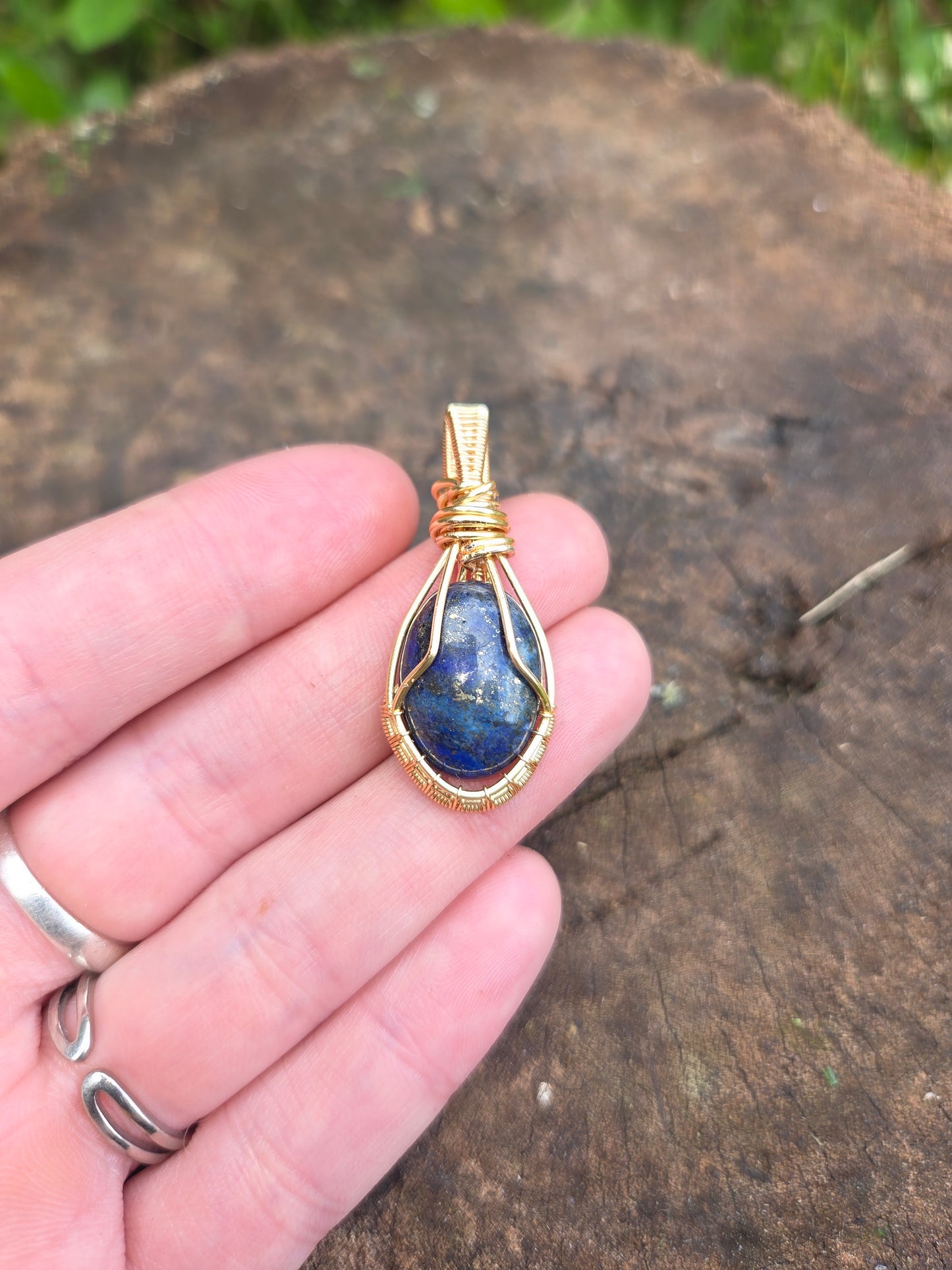 Lapis Lazuli Gold Copper Wire Wrapped Handmade Pendant