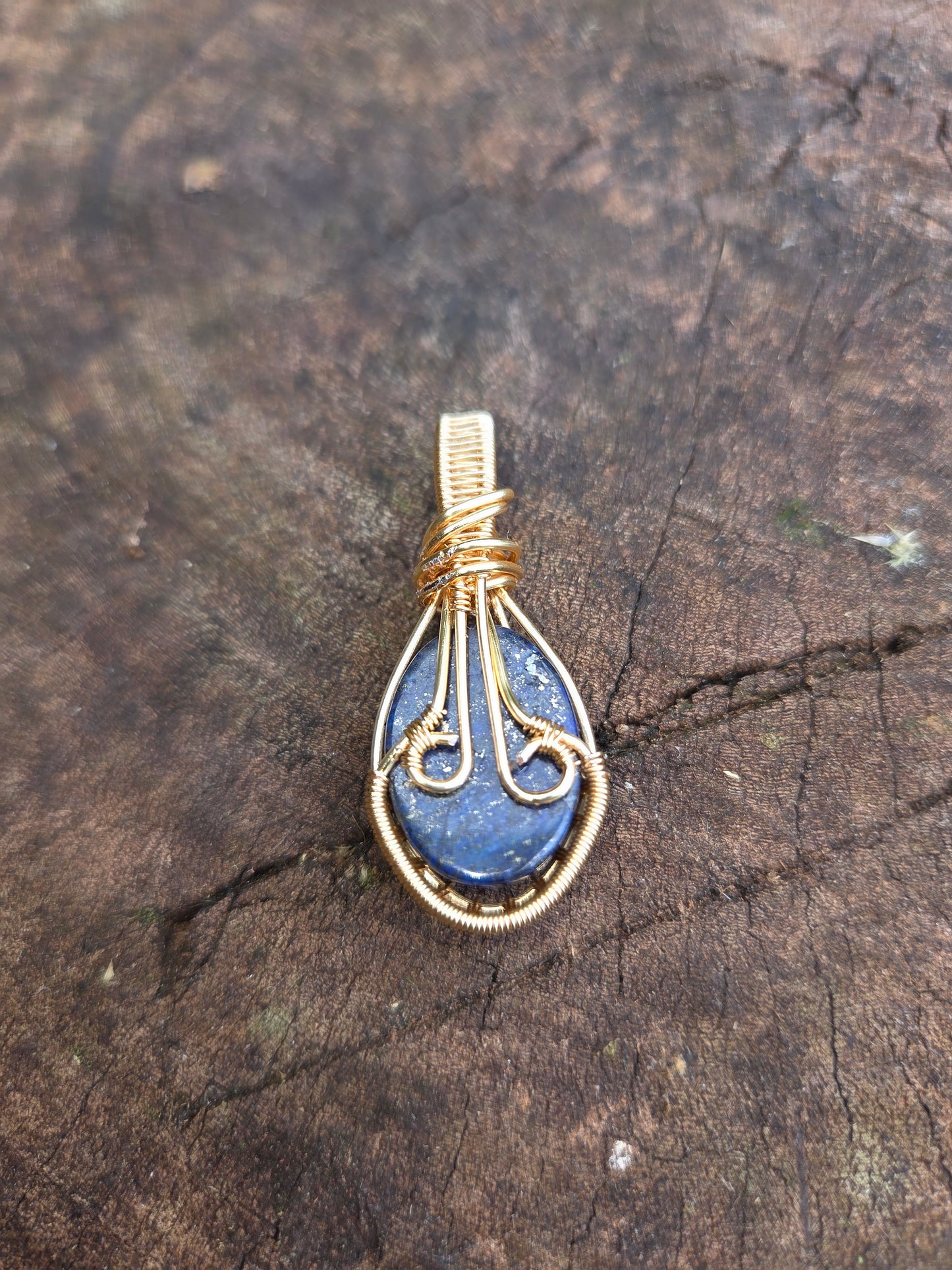 Lapis Lazuli Gold Copper Wire Wrapped Handmade Pendant