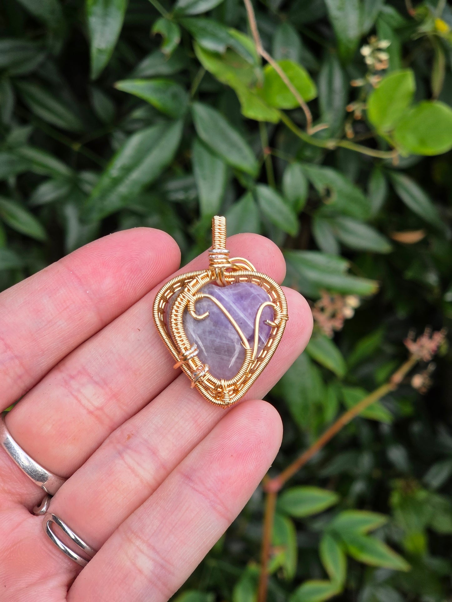 Amethyst Heart Gold Copper Wire Wrap Pendant Necklace