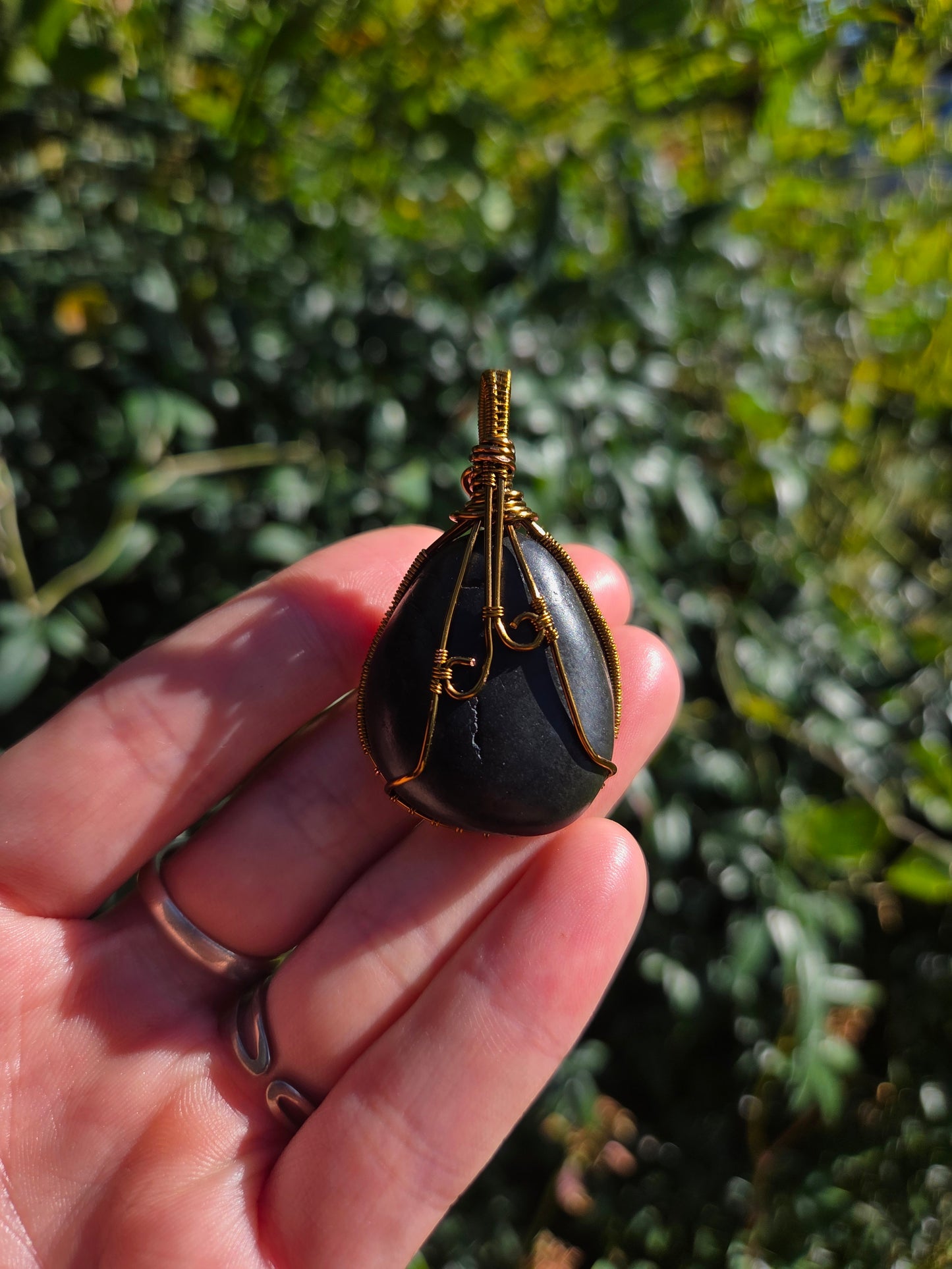 Shungite Bronze Copper Wire Wrapped Pendant Necklace