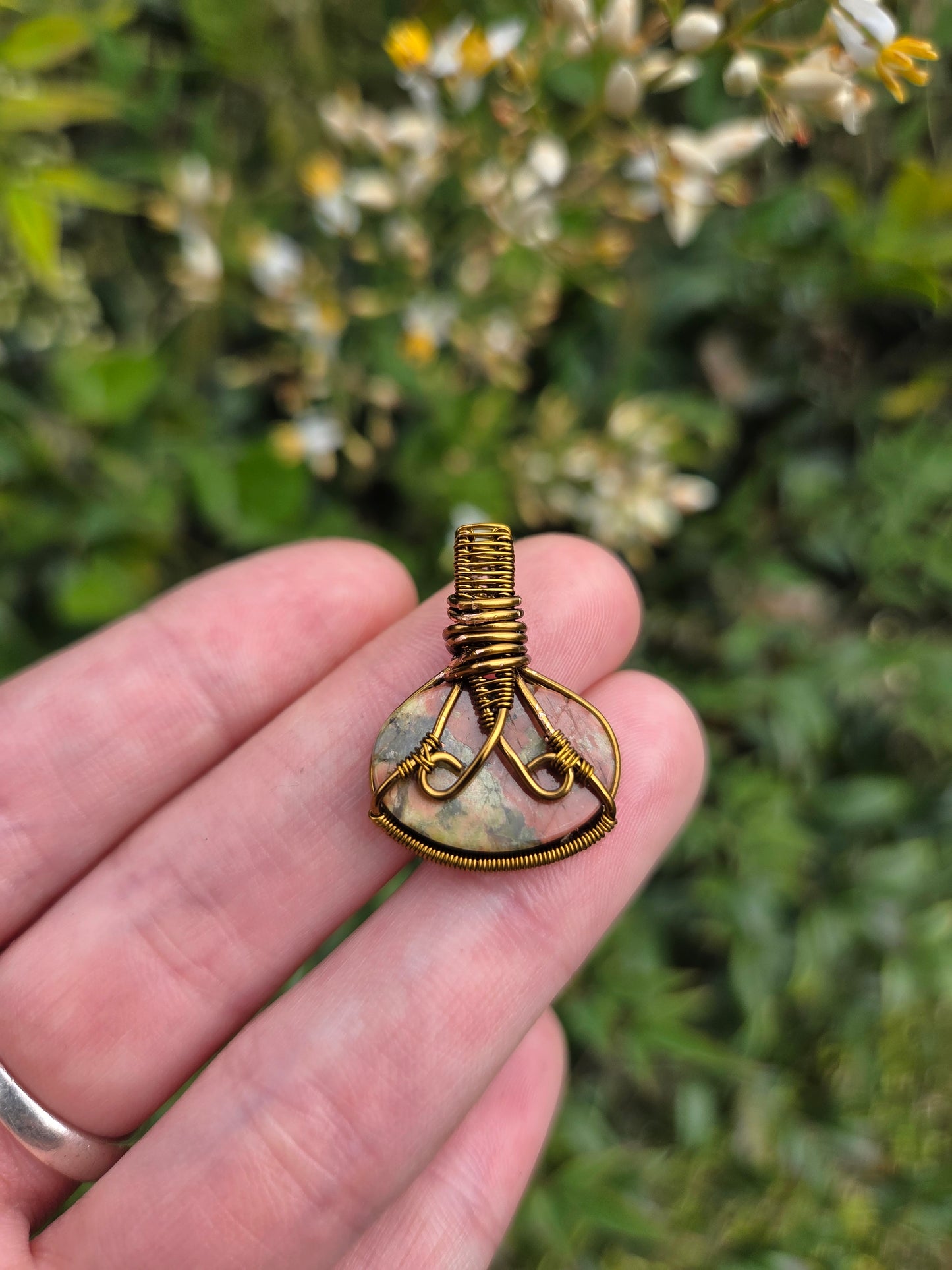 Unakite Copper Wire Wrapped Pendant Necklace Bronze
