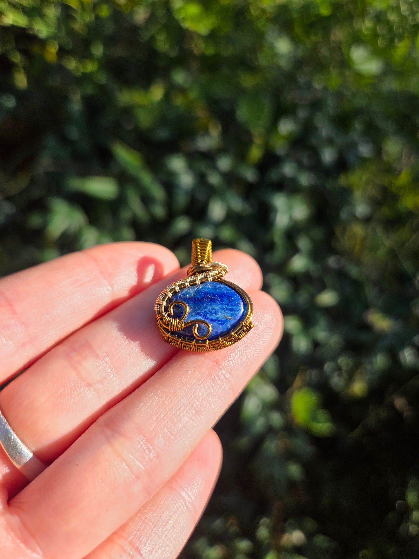 Lapis Lazuli Copper Wire Wrapped Handmade Pendant Bronze/Gold