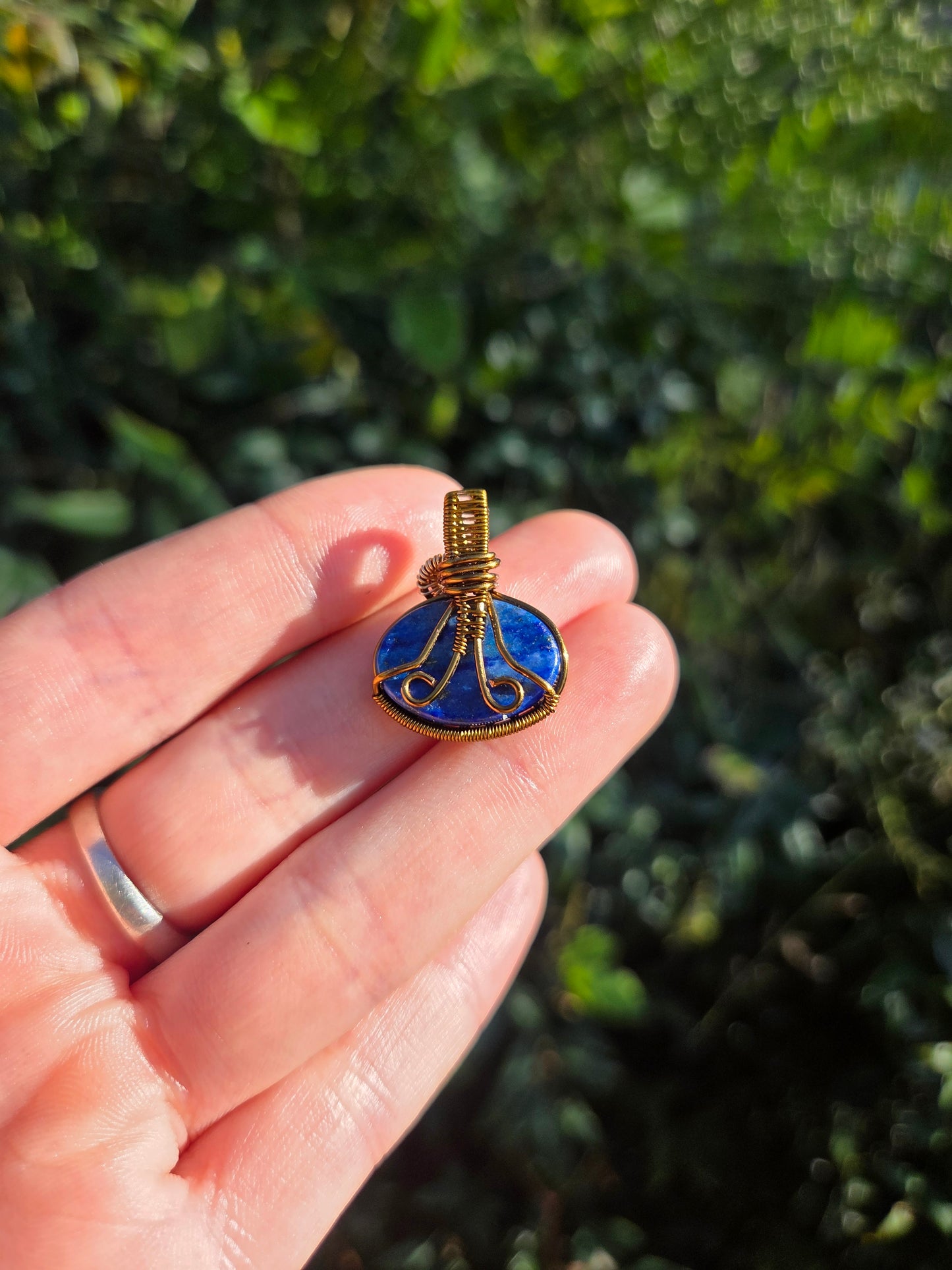Lapis Lazuli Copper Wire Wrapped Handmade Pendant Bronze/Gold