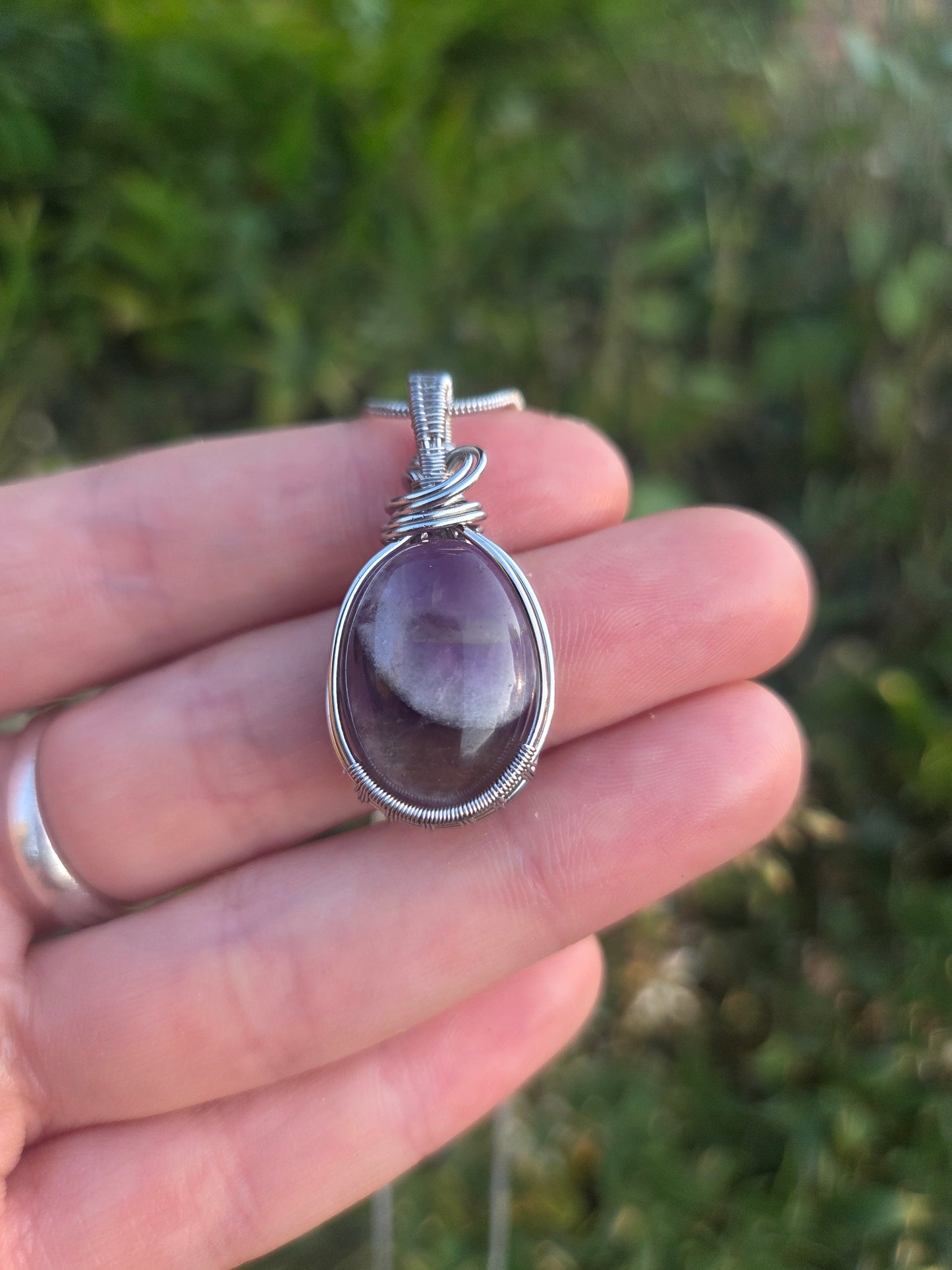 Amethyst Silver Wire Wrapped Pendant Necklace