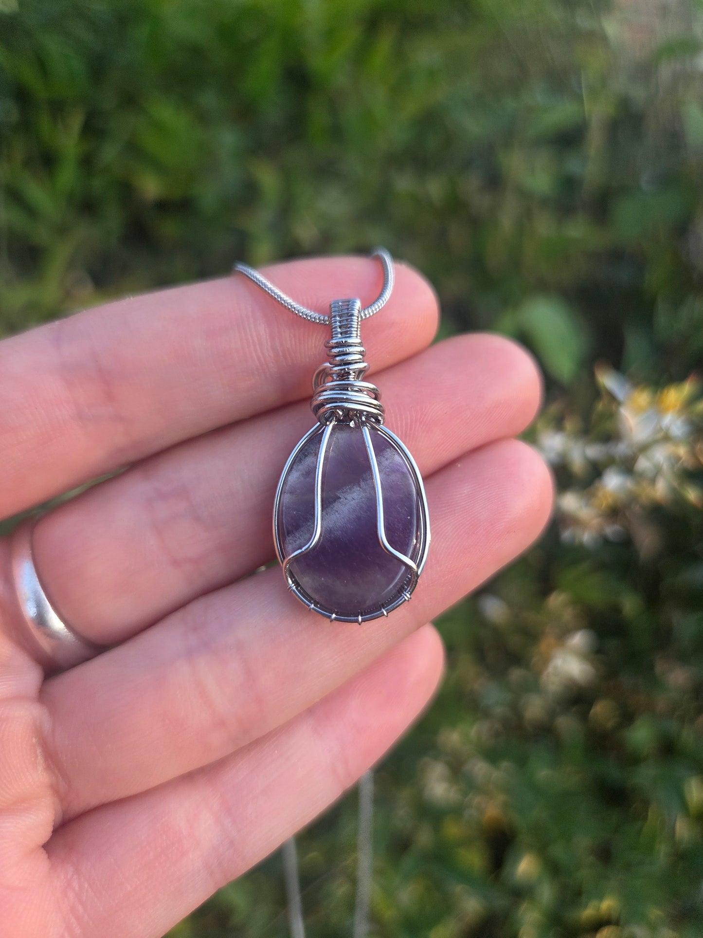 Amethyst Silver Wire Wrapped Pendant Necklace