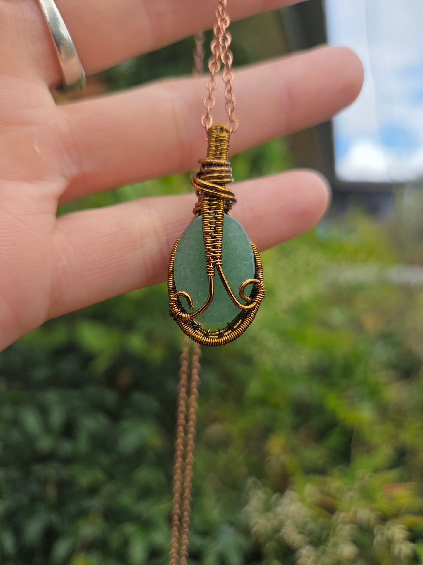 Green Aventurine Bronze Copper Wire Wrap Pendant Necklace