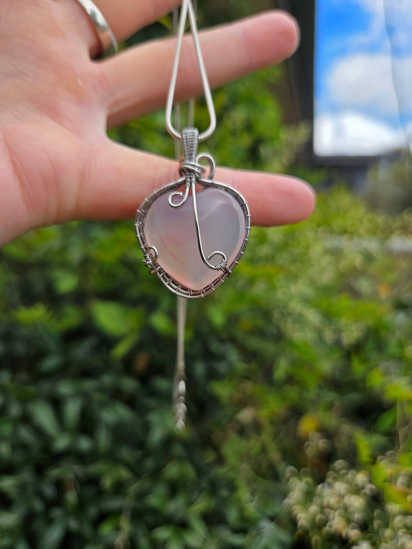 Rose Quartz Silver Wire Wrap Pendant Necklace