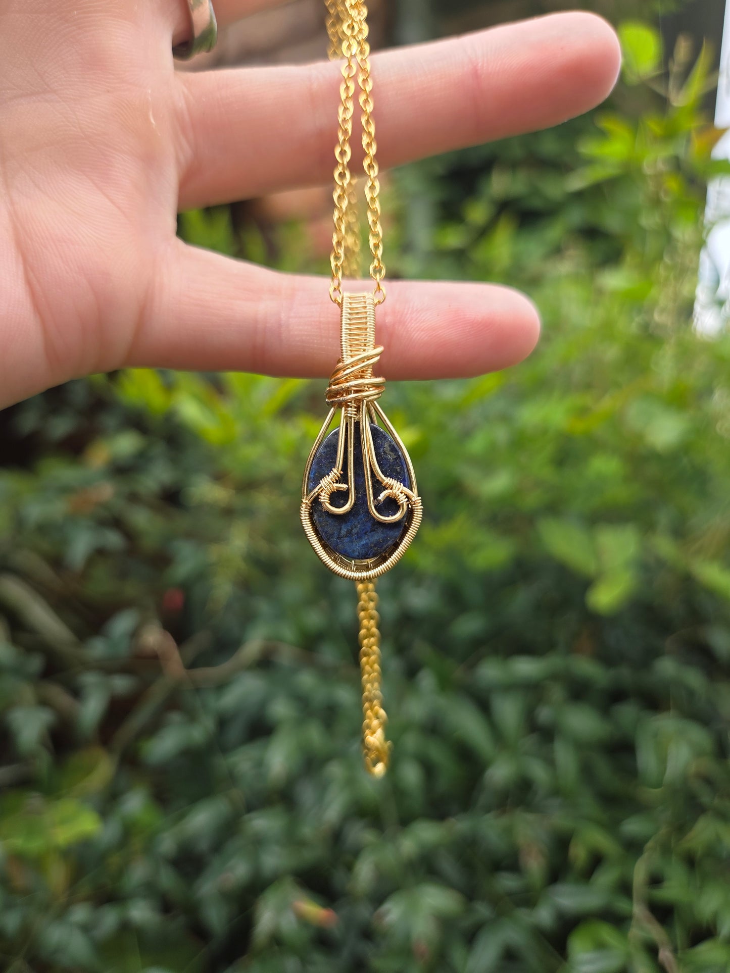 Lapis Lazuli Gold Copper Wire Wrapped Pendant Necklace