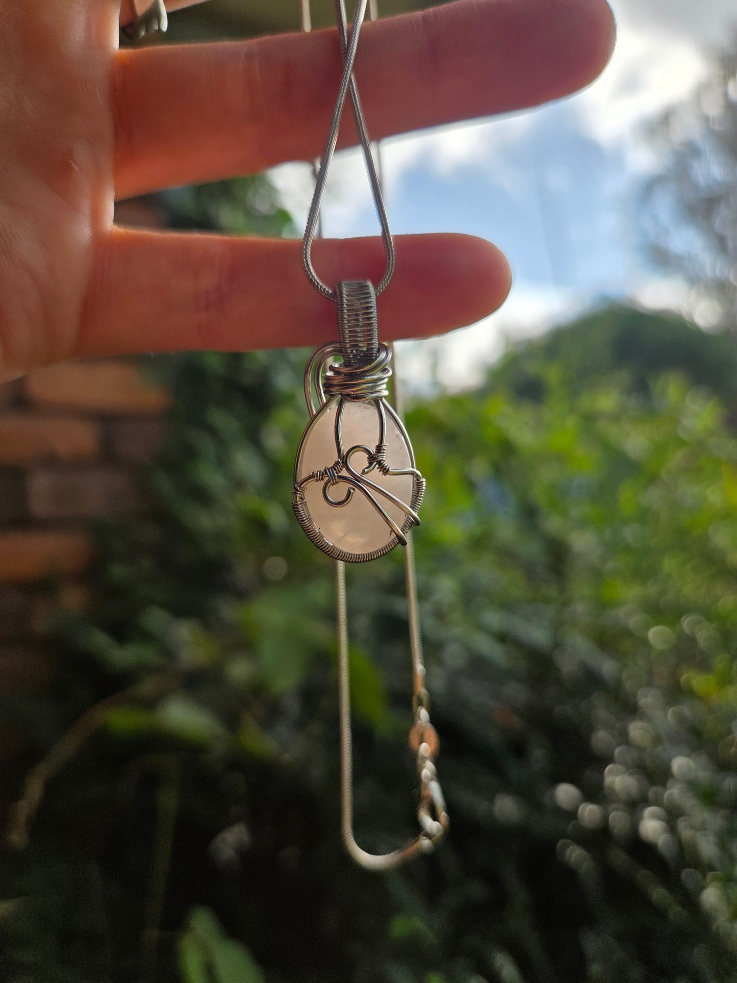 Rose Quartz Silver Wire Wrap Pendant Necklace