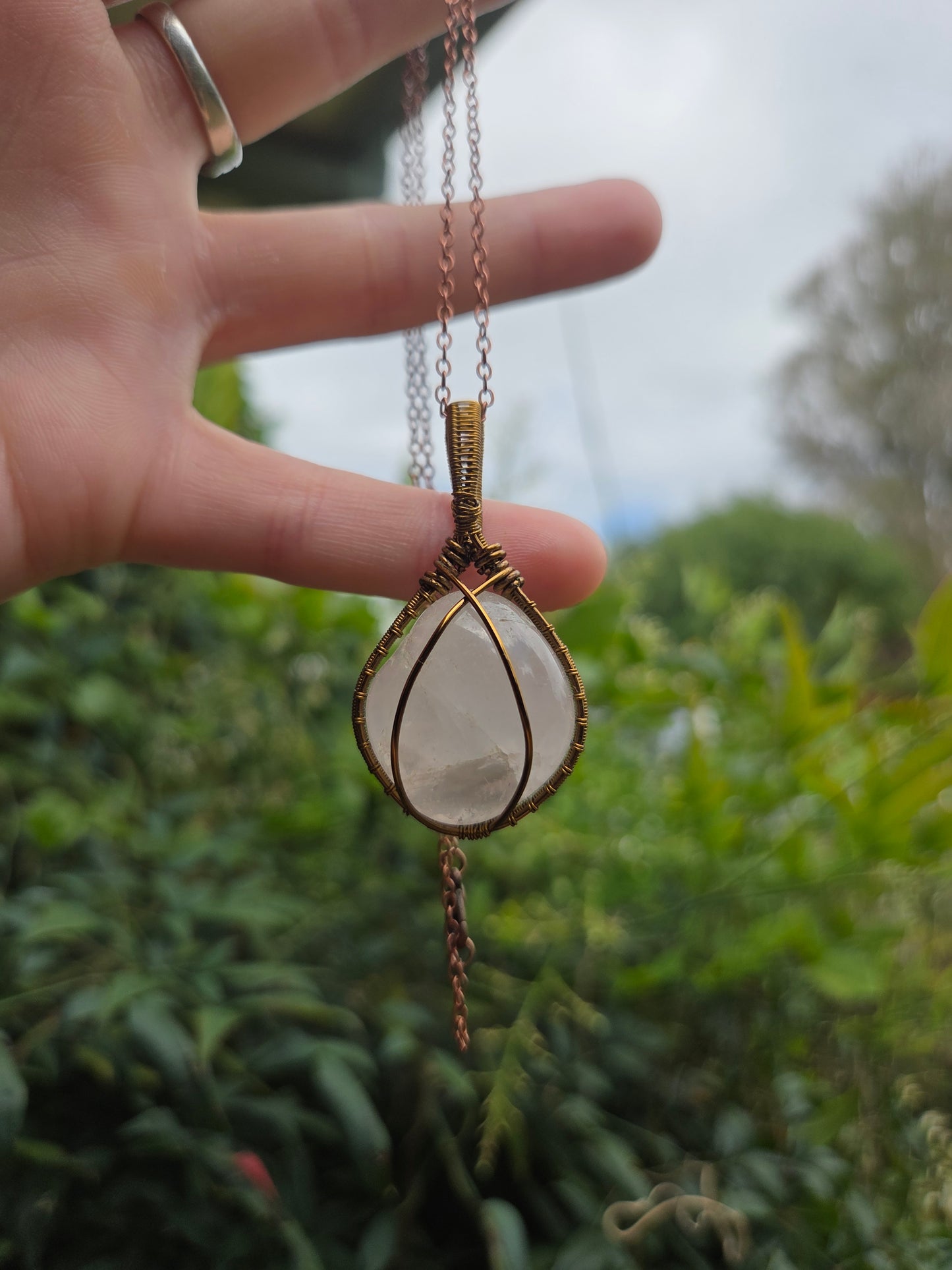 Rose Quartz Copper Wire Wrap Pendant Necklace Bronze