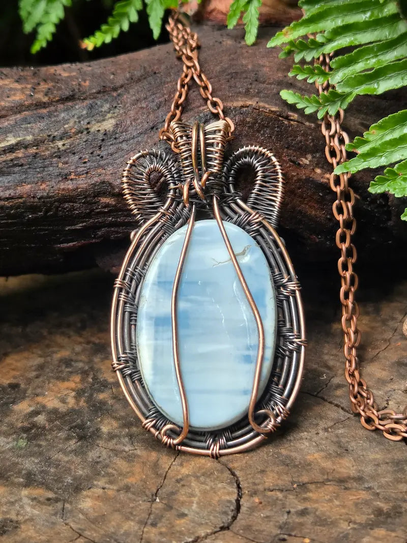 Blue Opal Copper Wire Wrapped Pendant Necklace