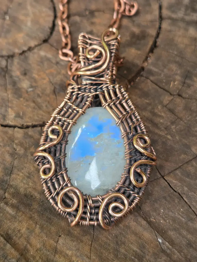 Moonstone Copper Wire Wrapped Pendant Necklace