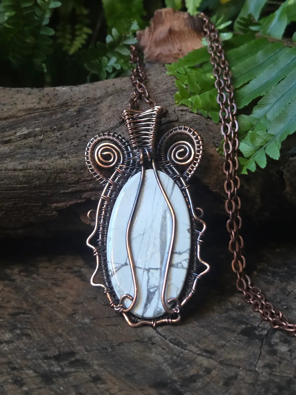 Howlite Copper Wire Wrapped Handmade Pendant Necklace