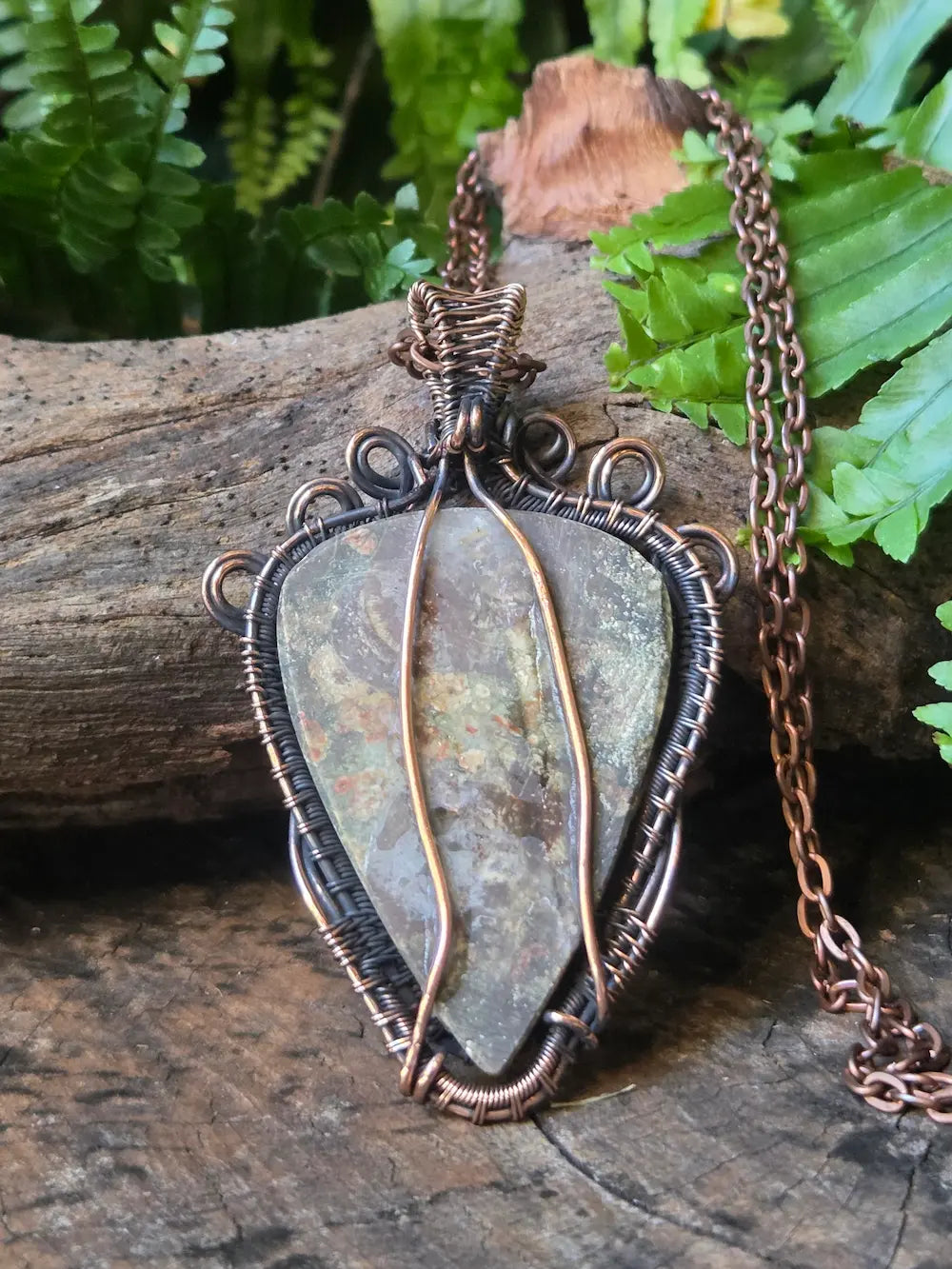 Rainforest Jasper Copper Wire Wrapped Handmade Pendant Necklace