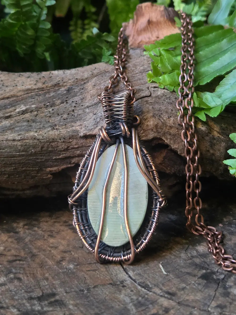 Serpentine Copper Wire Wrapped Pendant Necklace