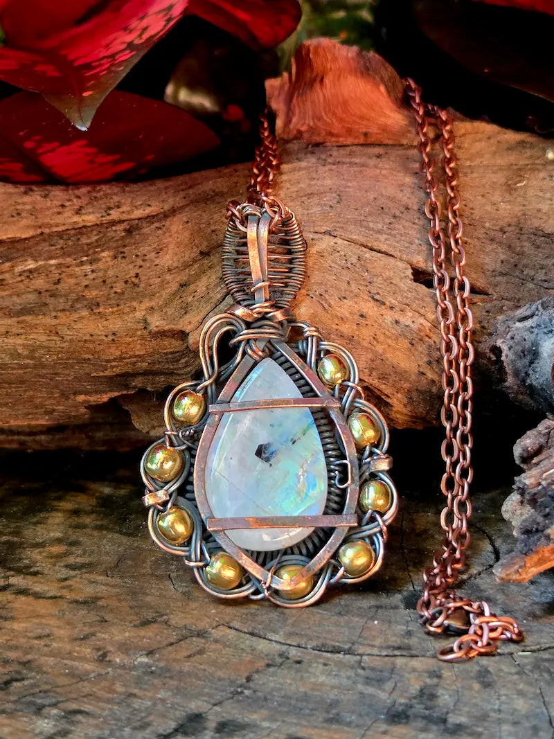 Moonstone Copper Wire Wrapped Pendant Necklace