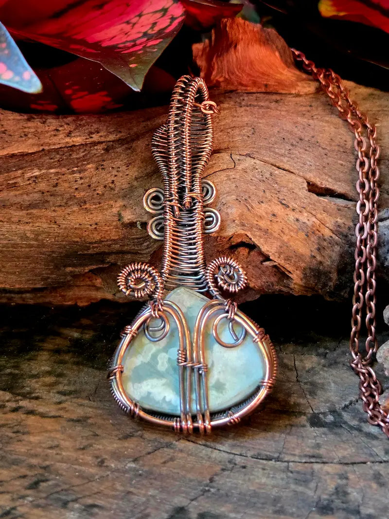 Serpentine Copper Wire Wrapped Handmade Pendant Necklace