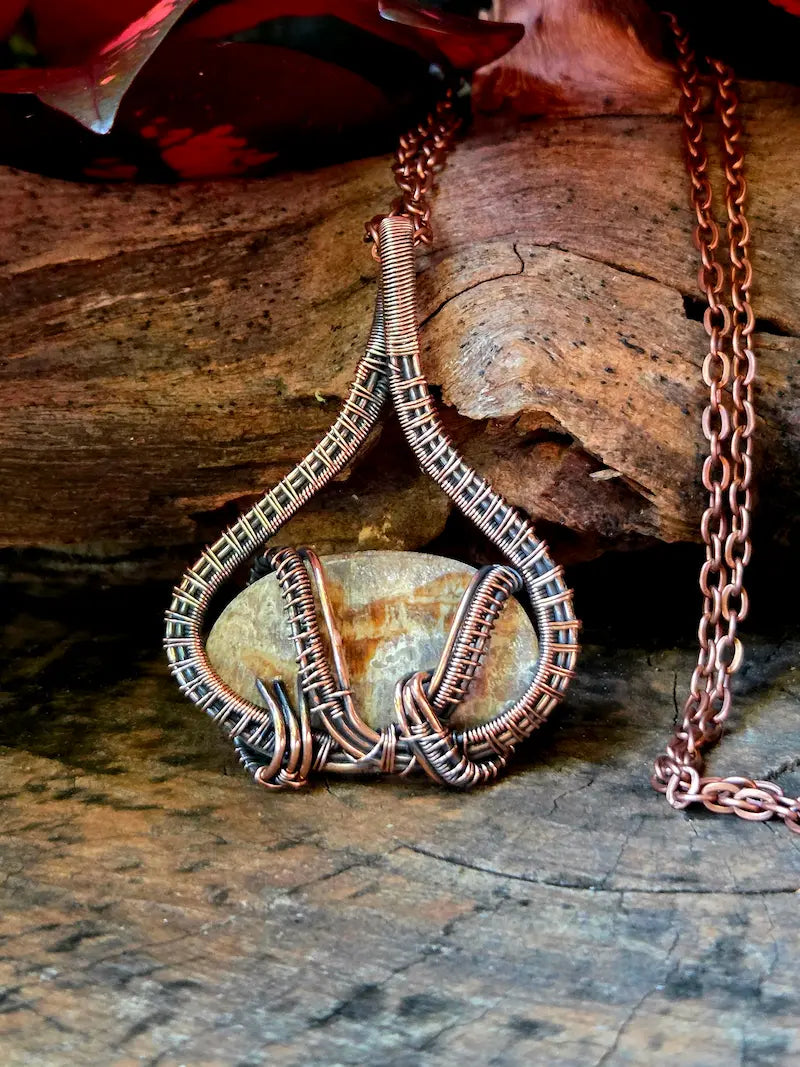 Aragonite Copper Wire Wrapped Pendant Necklace