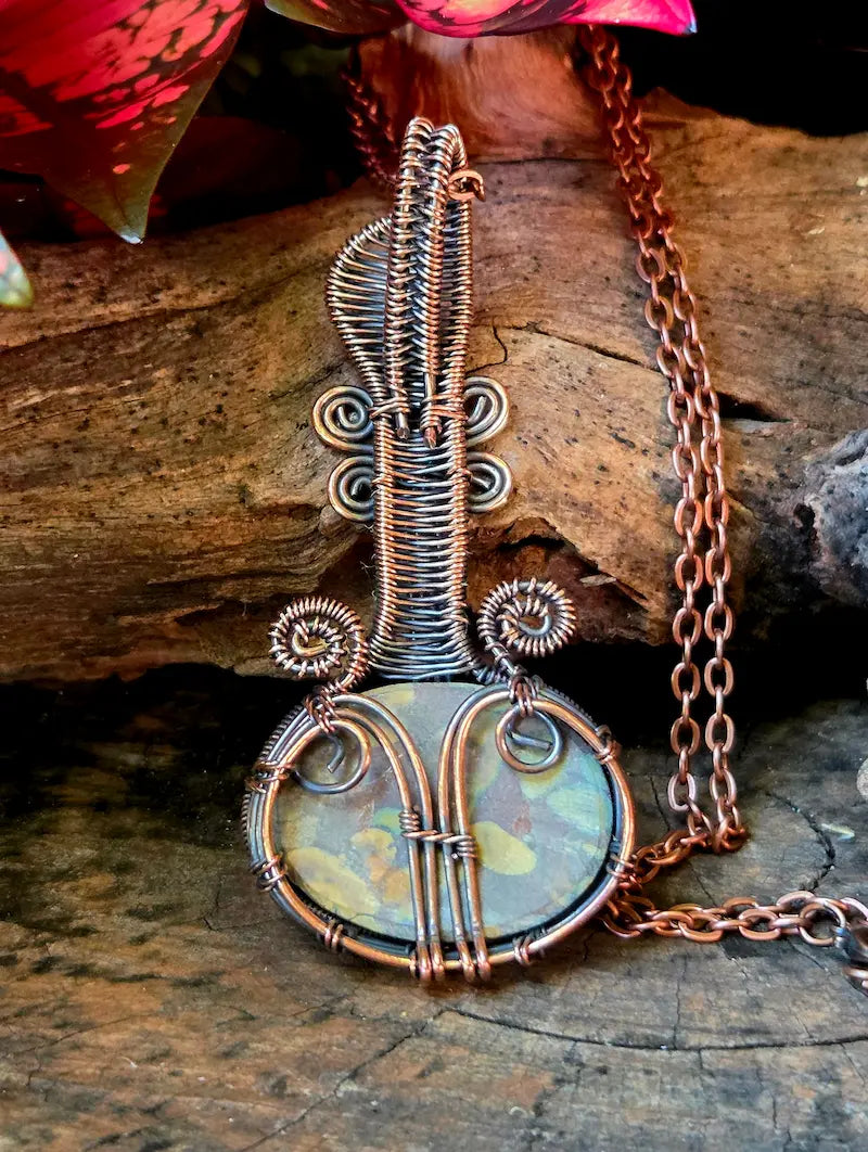 Fruit Jasper Copper Wire Wrapped Pendant Necklace