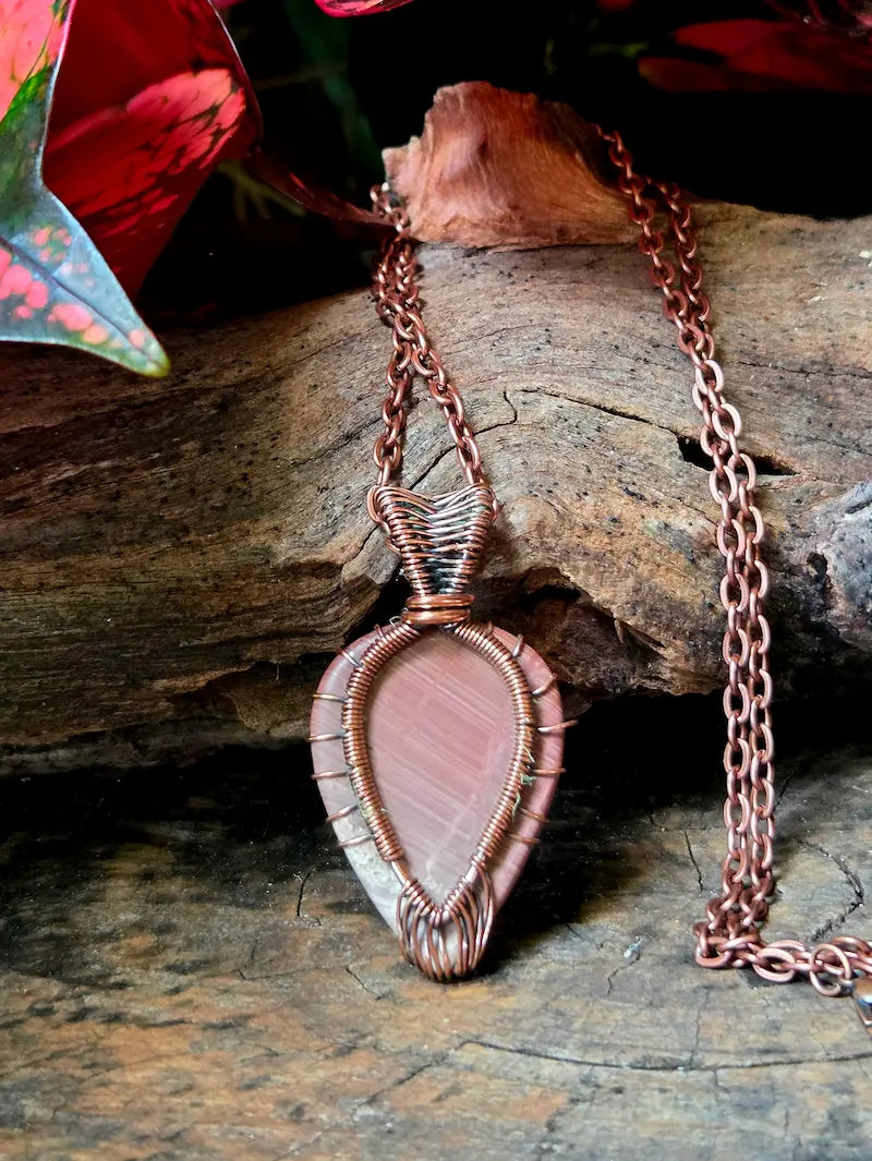 Pink Jasper Copper Wire Wrapped Pendant Necklace
