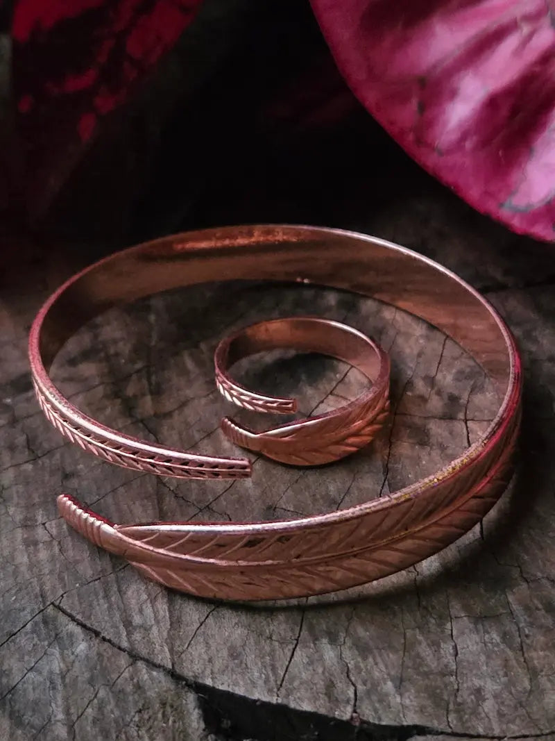 2pcs Pure Copper Cuff Bracelet & Ring Set - Feather/Leaf