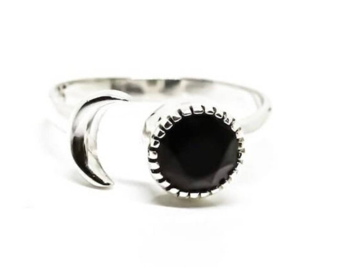 Black Onyx Ring 925 Sterling Silver Adjustable "Sun Moon"