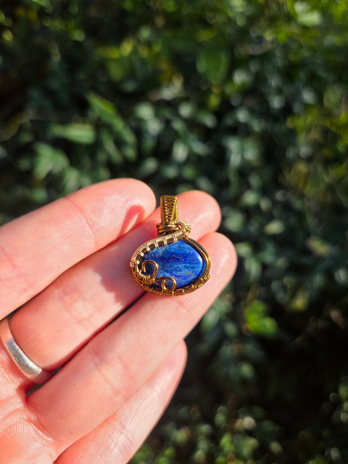 Lapis Lazuli Copper Wire Wrapped Handmade Pendant Bronze