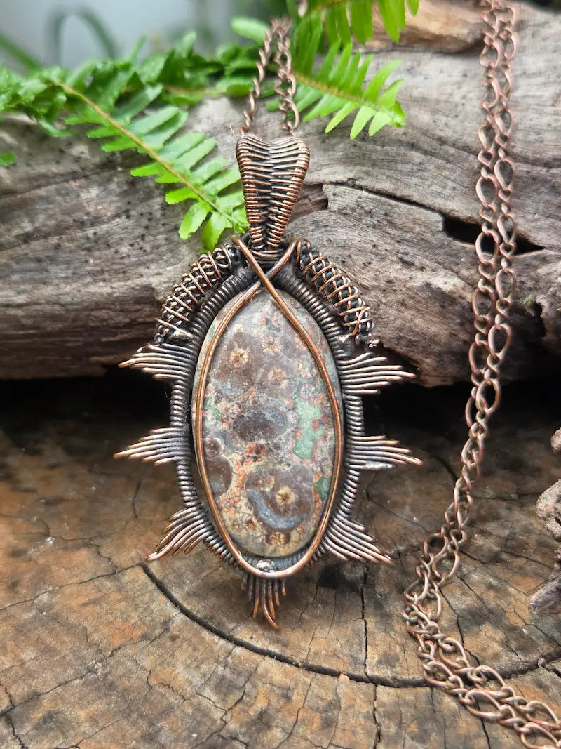Rainforest Jasper Copper Wire Wrapped Handmade Pendant Necklace