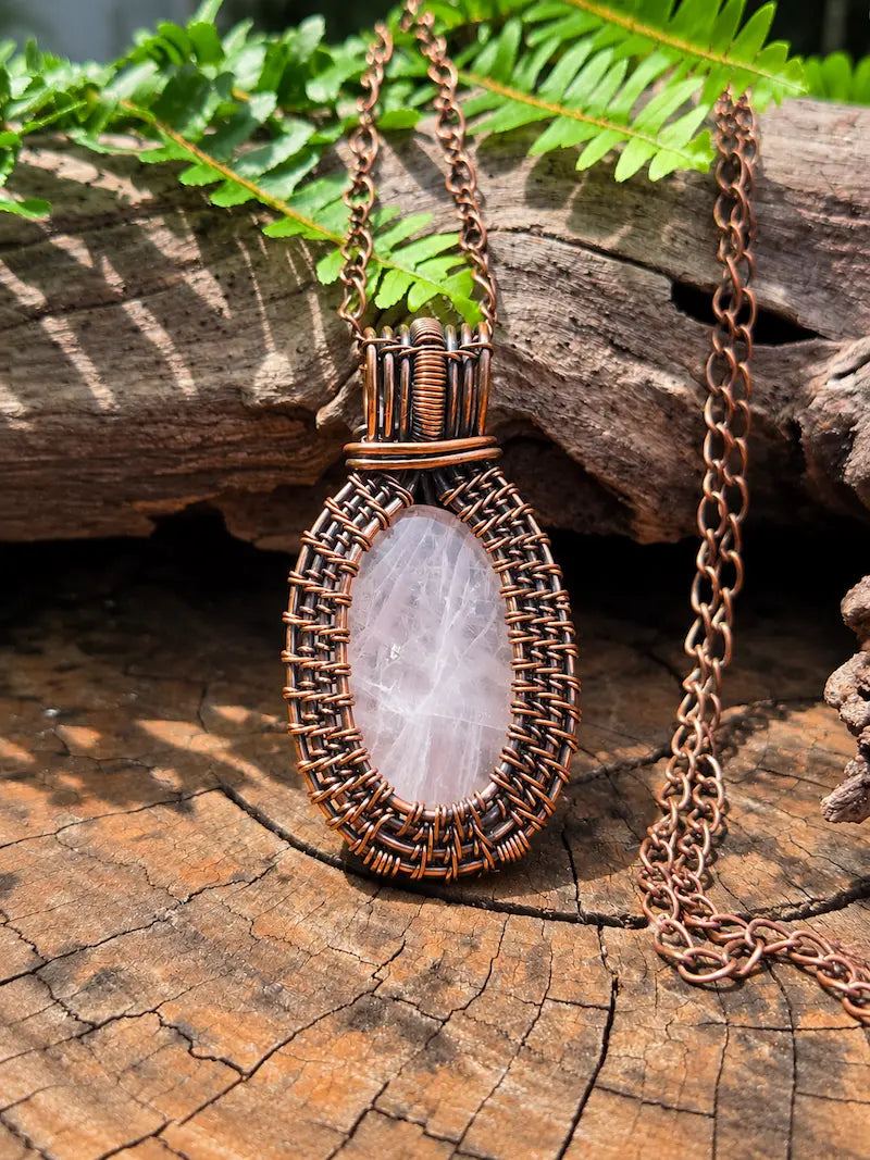 Rose Quartz Copper Wire Wrapped Handmade Pendant Necklace