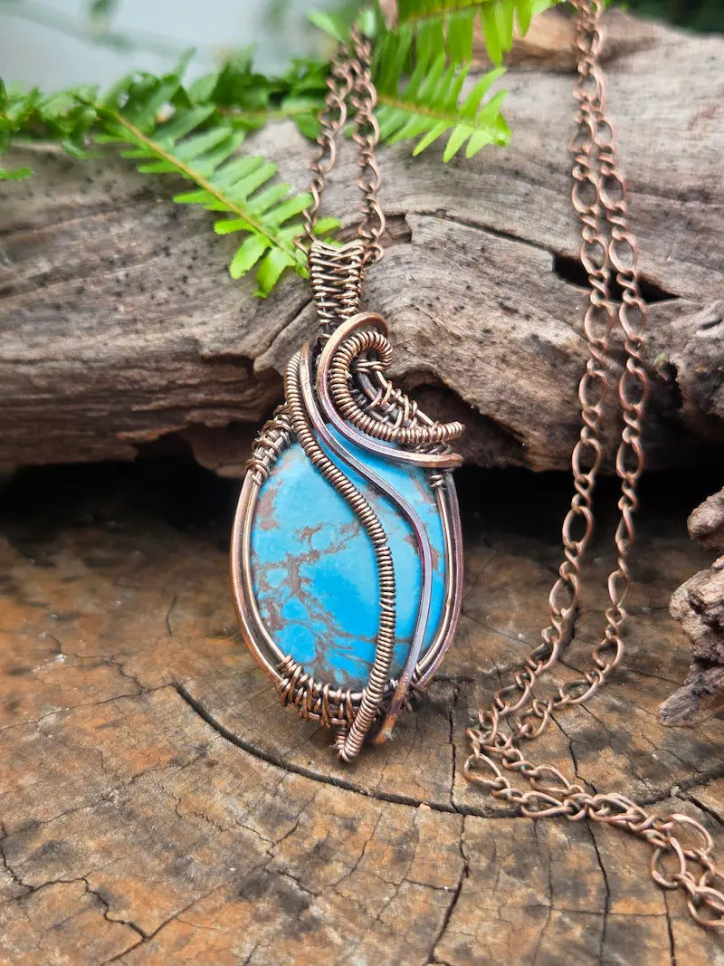 Turquoise Copper Wire Wrapped Pendant Necklace
