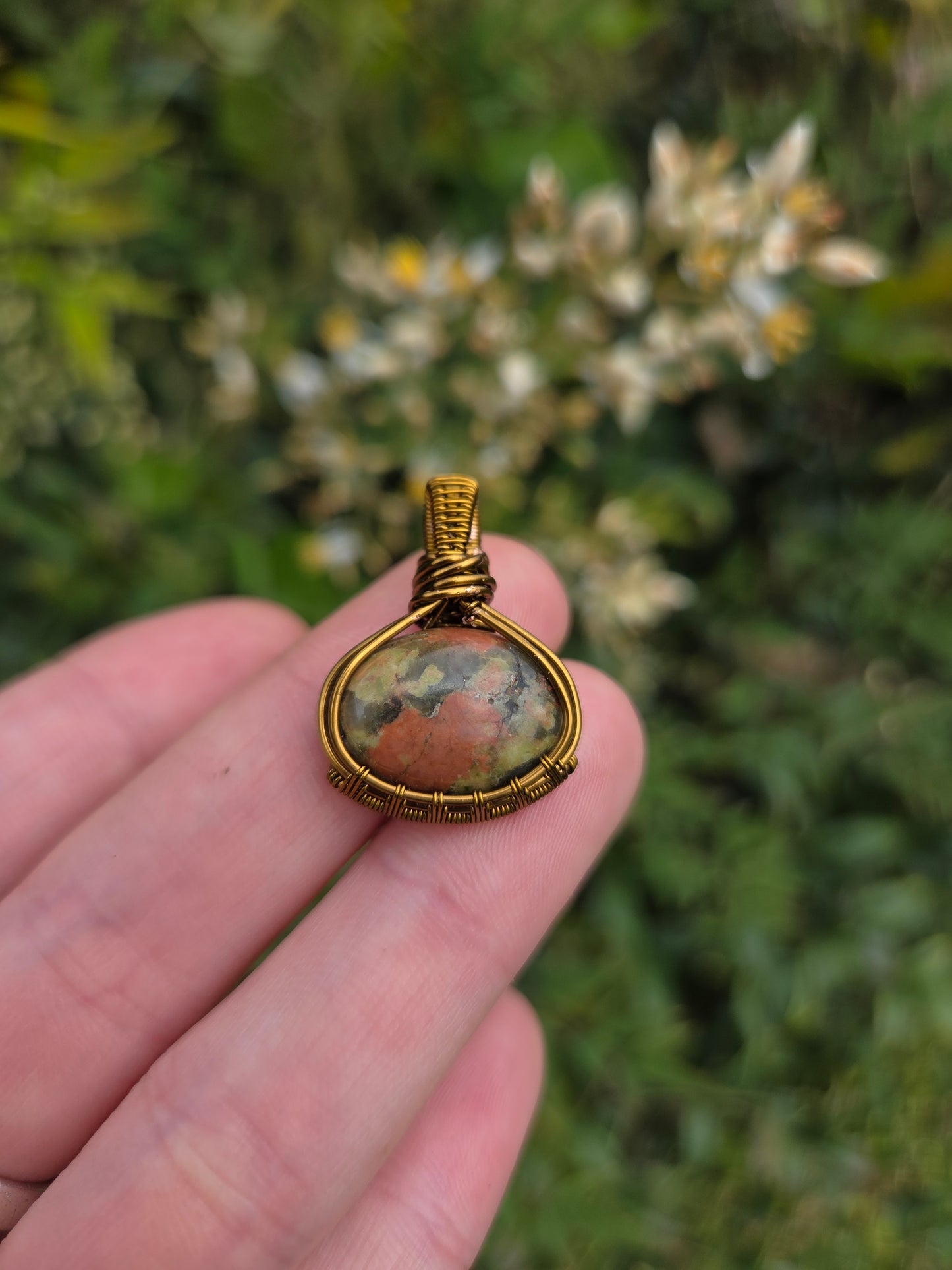 Unakite Copper Wire Wrapped Handmade Pendant Bronze