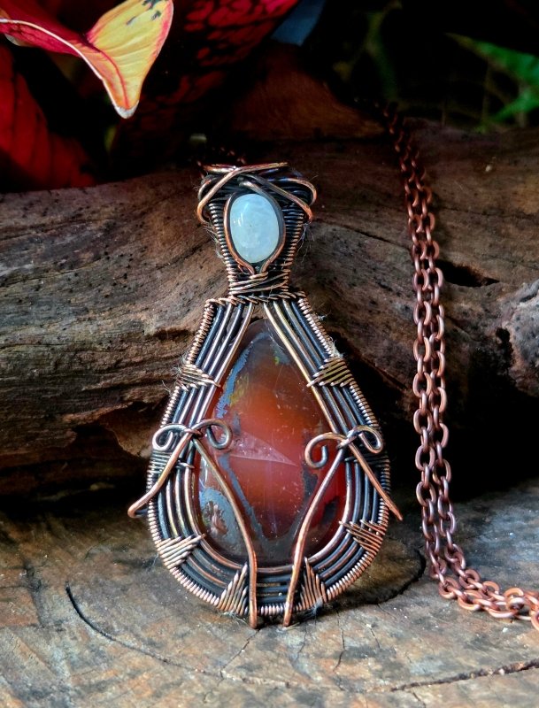 Agate & Moonstone Copper Wire Wrapped Pendant Necklace - Jewellery Australia