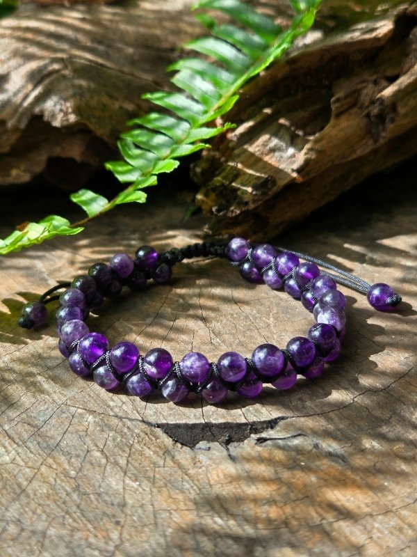 Amethyst Crystal Bracelet – Adjustable 6mm Beaded Macrame - Jewellery Australia
