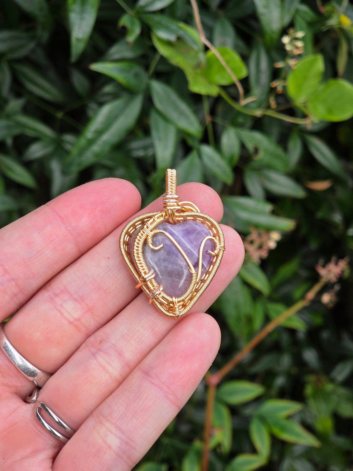 Copper Amethyst Heart Gold Copper Wire Wrap Pendant Necklace