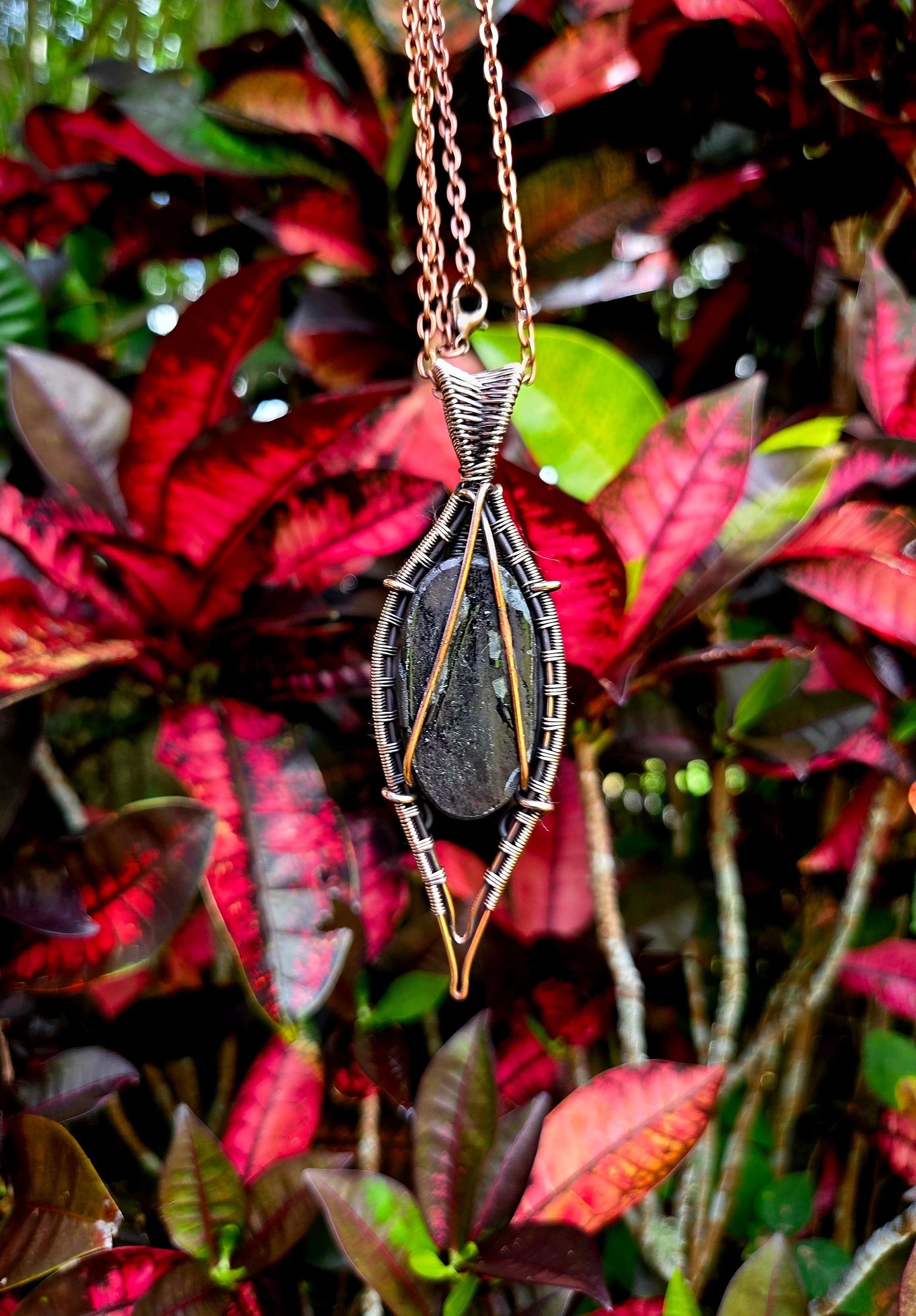 Black Tourmaline Crystal Copper Wire Wrapped Handmade Pendant Necklace