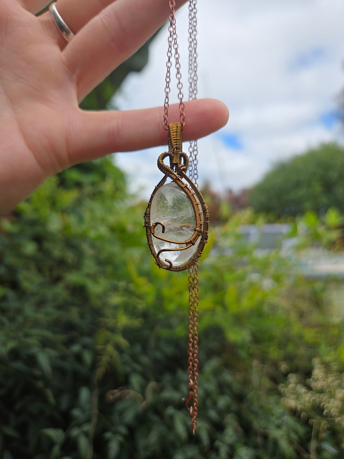 Crystals Clear Quartz Copper Wire Wrap Pendant Necklace Bronze