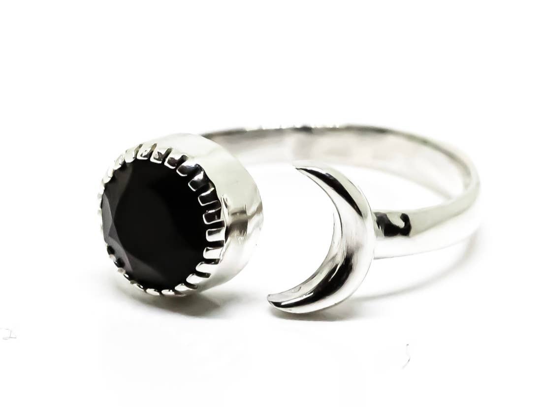 Black Onyx Adjustable Ring 925 Sterling Silver "Sun Moon"