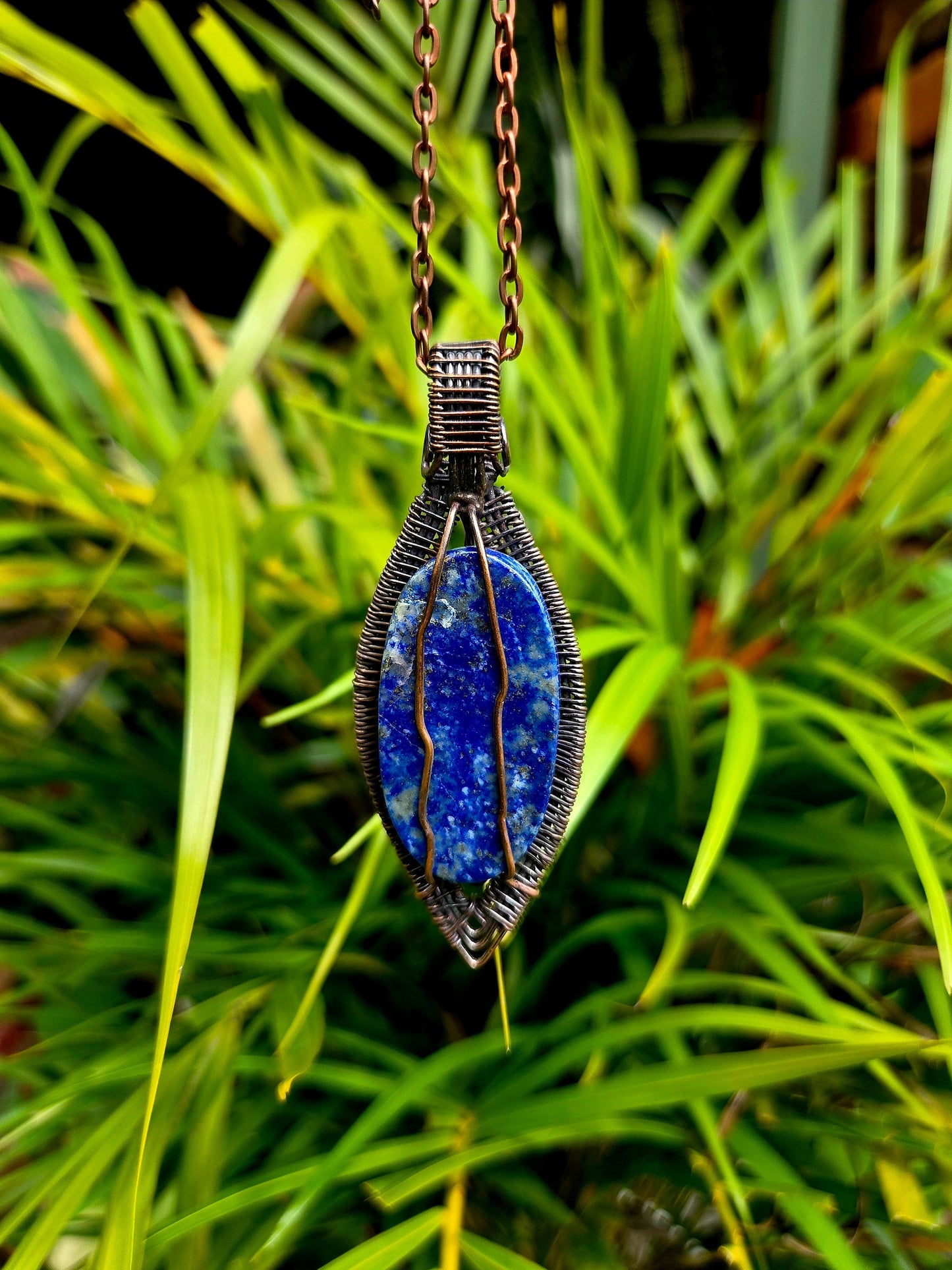 Lapis Lazuli Crystal Copper Wire Wrapped Pendant Necklace