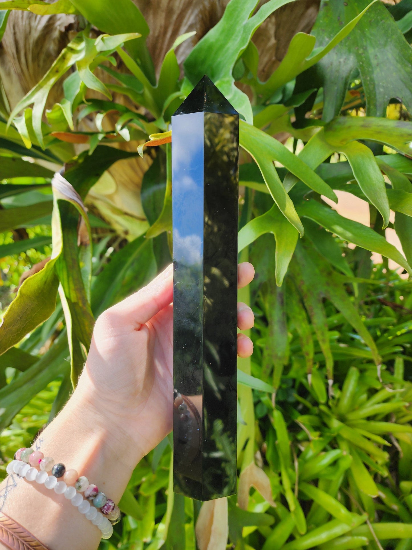 Crystals Large Black Obsidian Etched Chakra Tower Point 26cm Australia