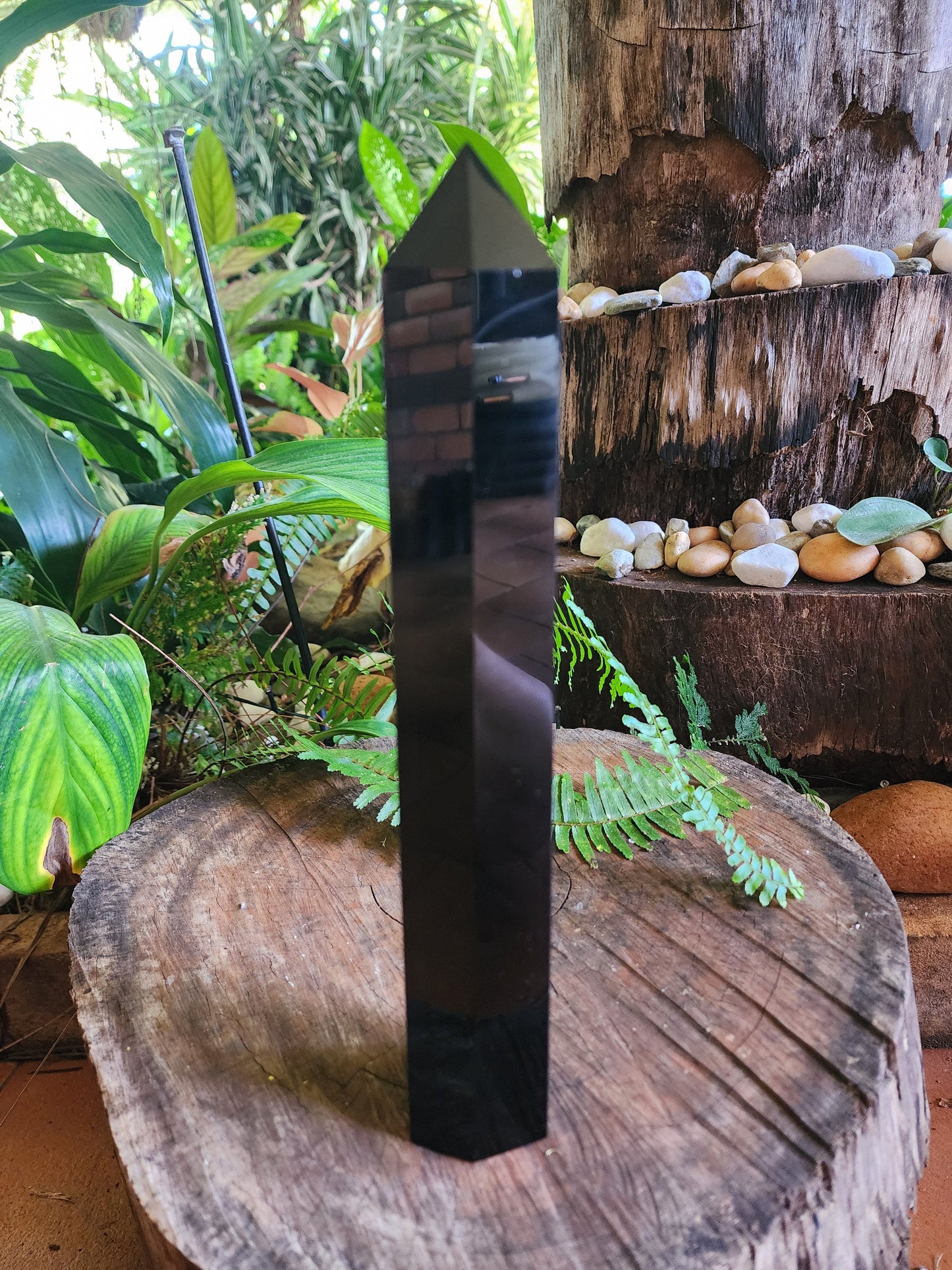 Crystals Large Black Obsidian Etched Chakra Tower Point 26cm