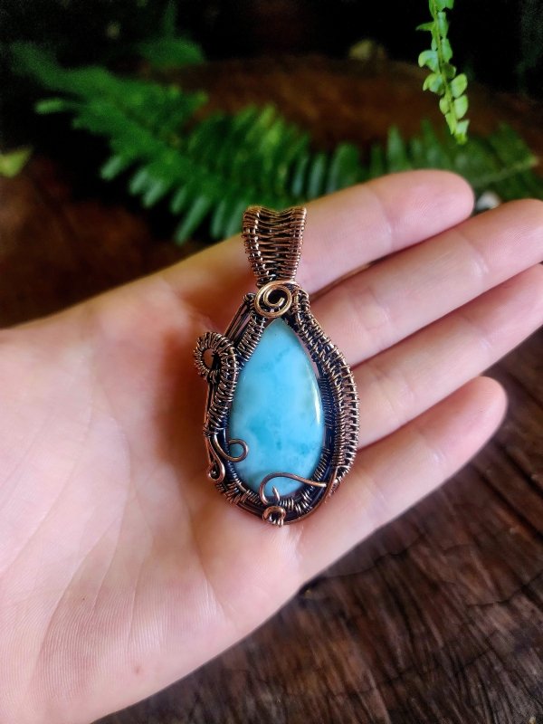 Larimar Copper Wire Wrap Pendant Necklace - Copper Wire Wrap Crystal Australia