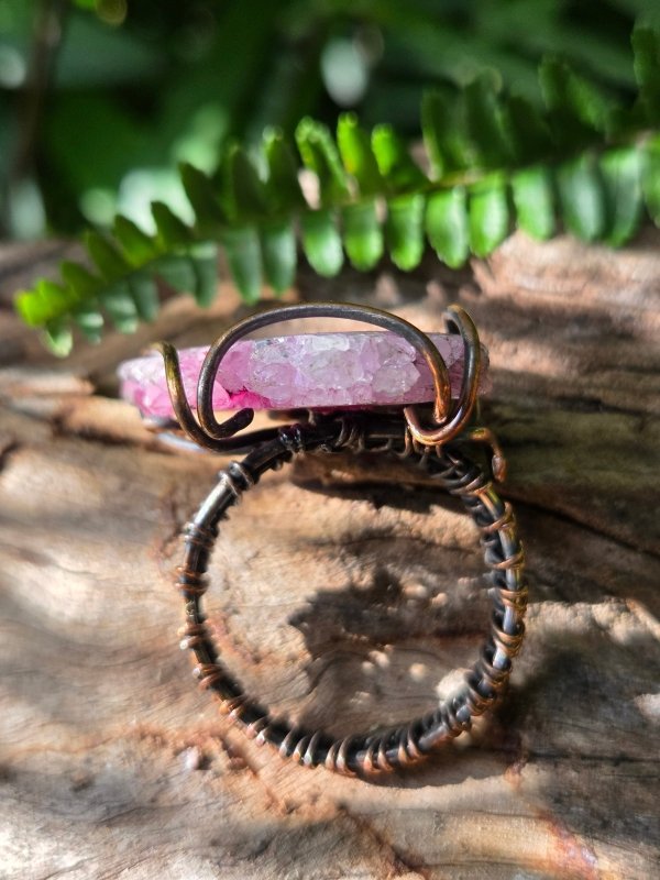 Pink Druzy Agate Copper Wire Wrapped Ring - Jewellery Australia