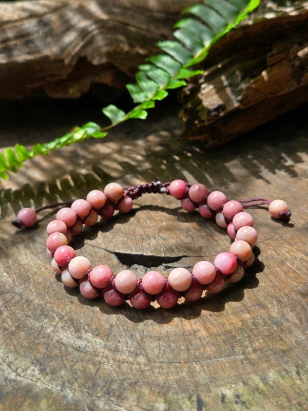 Rhodonite Crystal Bracelet – Adjustable 6mm Beaded Macrame - Jewellery Australia