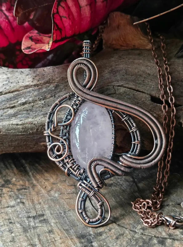 Rose Quartz Crystal Copper Wire Wrapped Pendant Necklace - Jewellery Australia