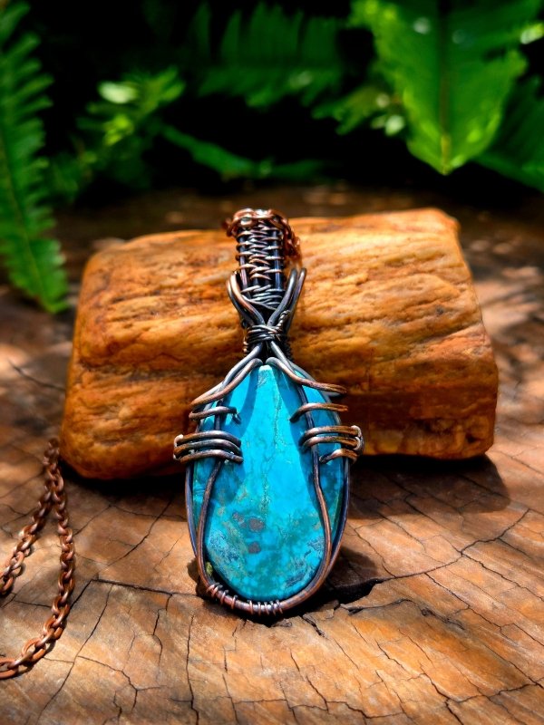 Turquoise Crystal Copper Wire Wrapped Handmade Pendant Necklace - Jewellery Australia