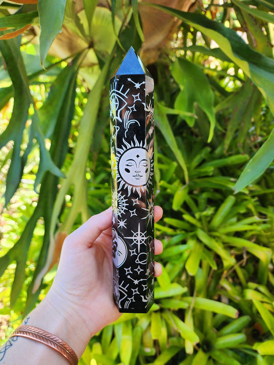 Large Black Obsidian Celestrial Etched Tower Point Engraved