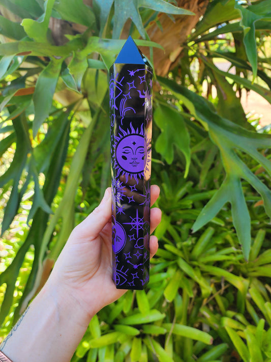 Large Black Obsidian Etched Celestrial Tower Point Engraved