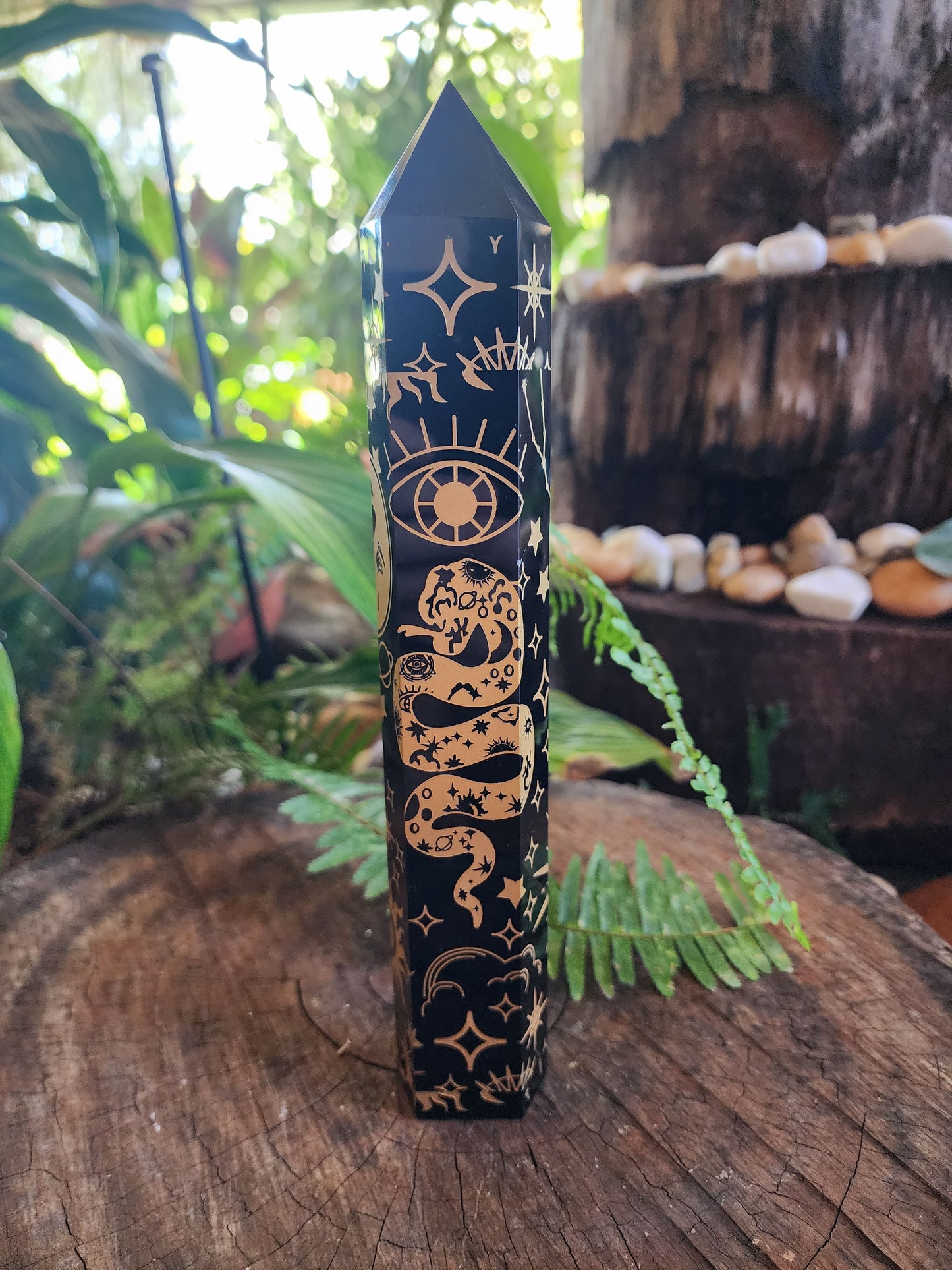 Large Black Obsidian Etched Celestrial Tower Point Engraved